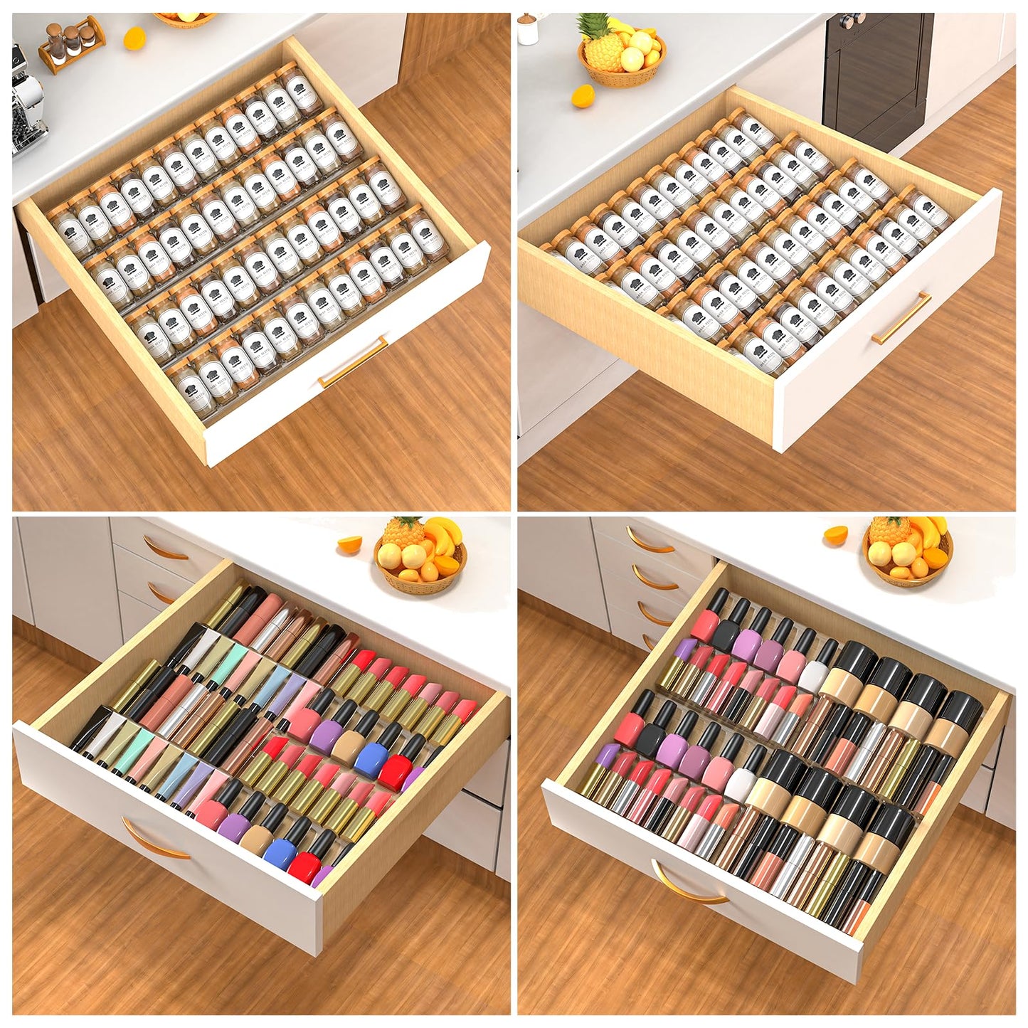 4-Tier Non-Slip Spice Drawer Organizer, 4-Pack Checkered Frosted Clear Acrylic, Expandable (11''-22'') Spice Rack for Kitchen Drawer Storage – Holds Seasonings, Herbs, and Spices (Jars Not Included)