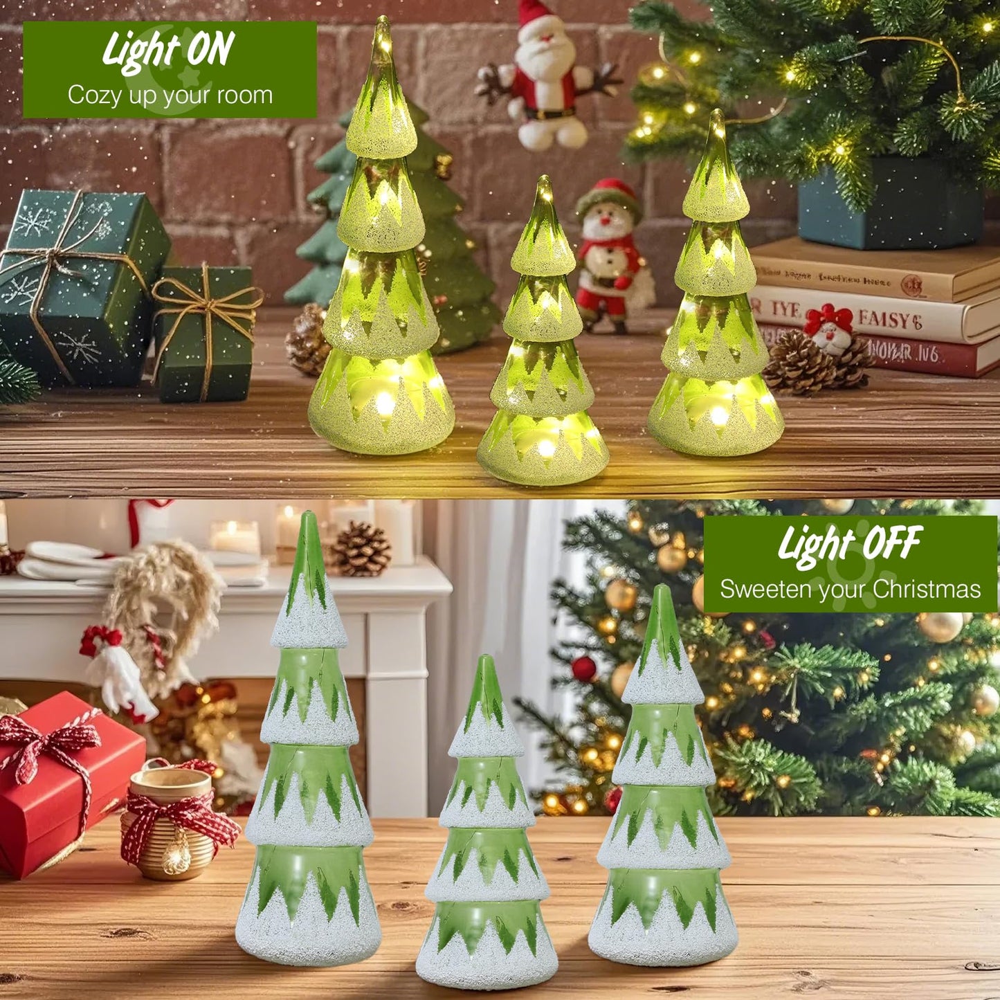 Lewondr LED Glass Christmas Tree Tabletop with Snow Cover Warm Yellow Light, 3 PCS 6H Timer Battery Operated Christmas Table Lamps Ornaments for Xmas Table Decorations Holiday Season Decor, Green