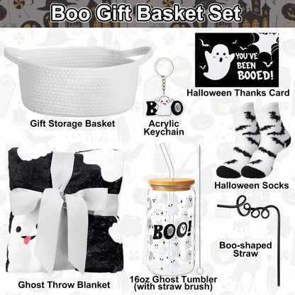 Mimorou 7 Pieces Black Boo Basket Gifts Halloween Gifts Set Ghosts Throw Blanket 16oz Cute Tumbler Gift Basket Spooky Keychain Socks Boo Straws Thanks Card for Halloween Party Trick or Treat