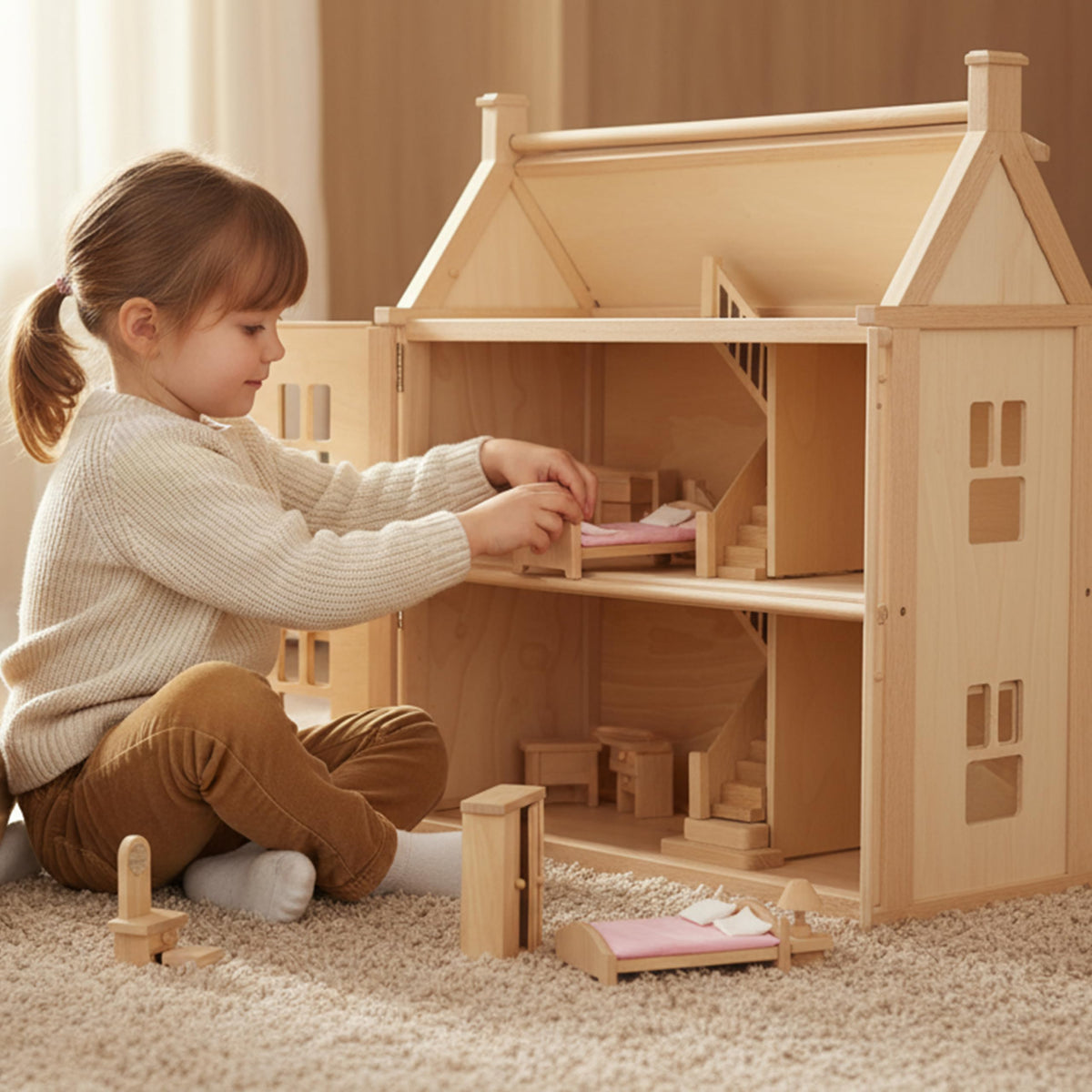 PlanToys® Classic Dollhouse Bedroom Furniture Set | Eco-Friendly Wooden Dollhouse Accessories for Kids | Includes Bed, Closet, Vanity, Chairs & Lamp | Pretend Play Montessori Toy