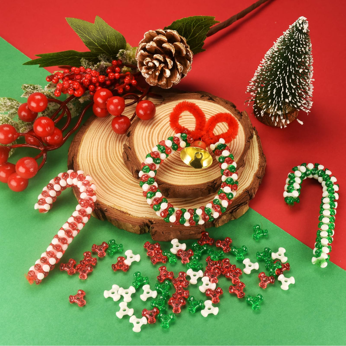 2400Pcs Christmas Tri Beads, Christmas Tri Shaped Beads Red Green White Triangle Beads for Craft Wreath Candy Cane-Xmas Holiday Tree Decorations Beaded Ornament Kit