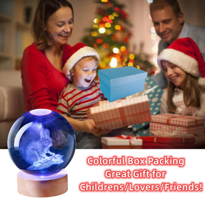 3D Large Squirrel Crystal Ball Night Light with Wooden Base, Crystal Lamp Gift for Kids Friends, 16 Color Changing with Remote Control, Laser Engraved 3.15 inch Glass Ball Lamp (Squirrel)