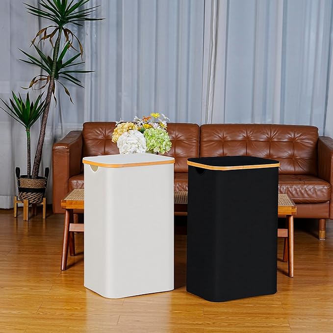 100L Laundry Hamper with Lid, Lagre Basket with Bamboo Handles, Foldable