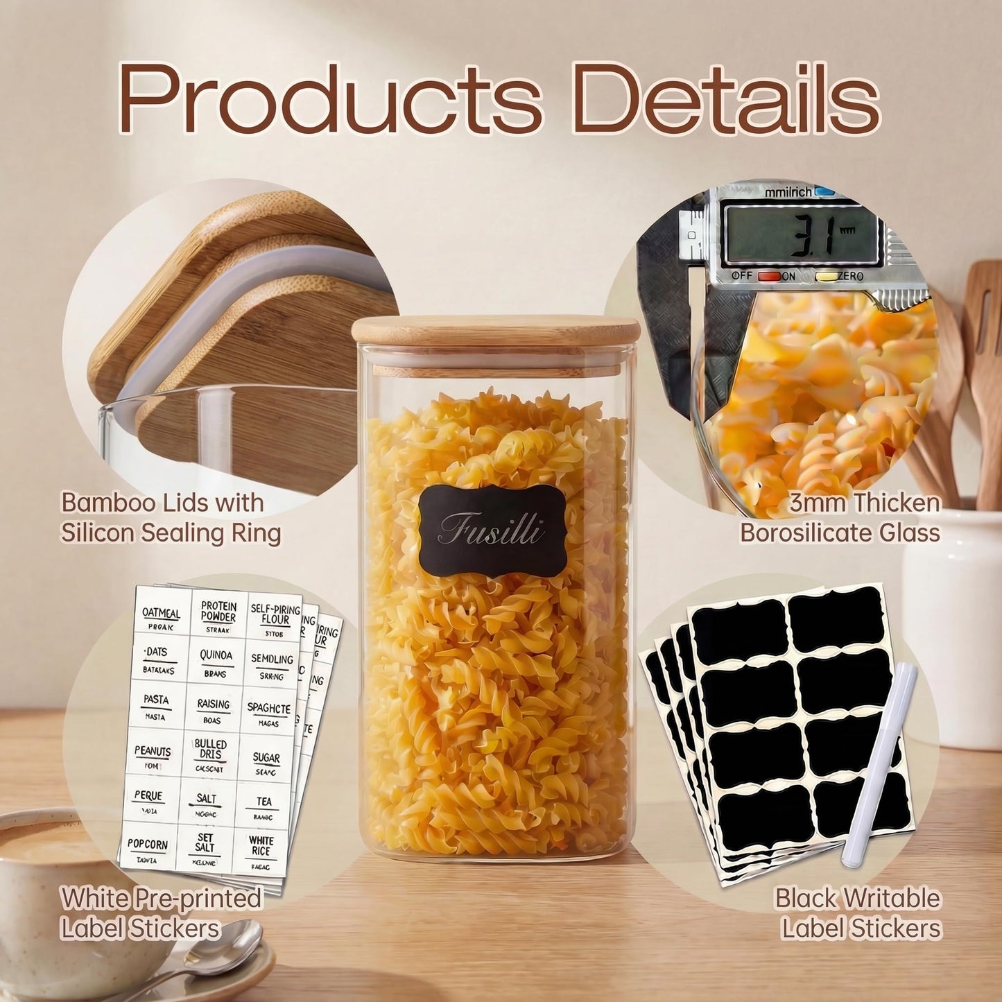 HomArtist Square Glass Jars with Bamboo Lids 53 FL OZ [Set of 4], Glass Canisters with Airtight Lid, Glass Food Storage Containers for Pasta, Cereal, Coffee, Flour, Sugar, Best for Kitchen & Pantry