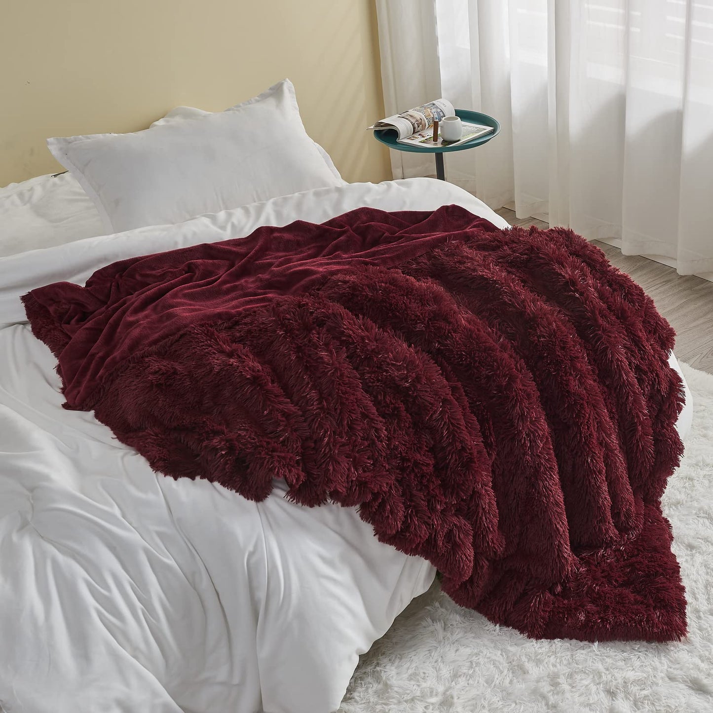 GONAAP Fuzzy Faux Fur Throw Blanket Queen Size Wine Red Super Soft Cozy Plush Fuzzy Shaggy Blanket for Couch Sofa Bed (Wine Red, Queen(90"x90"))