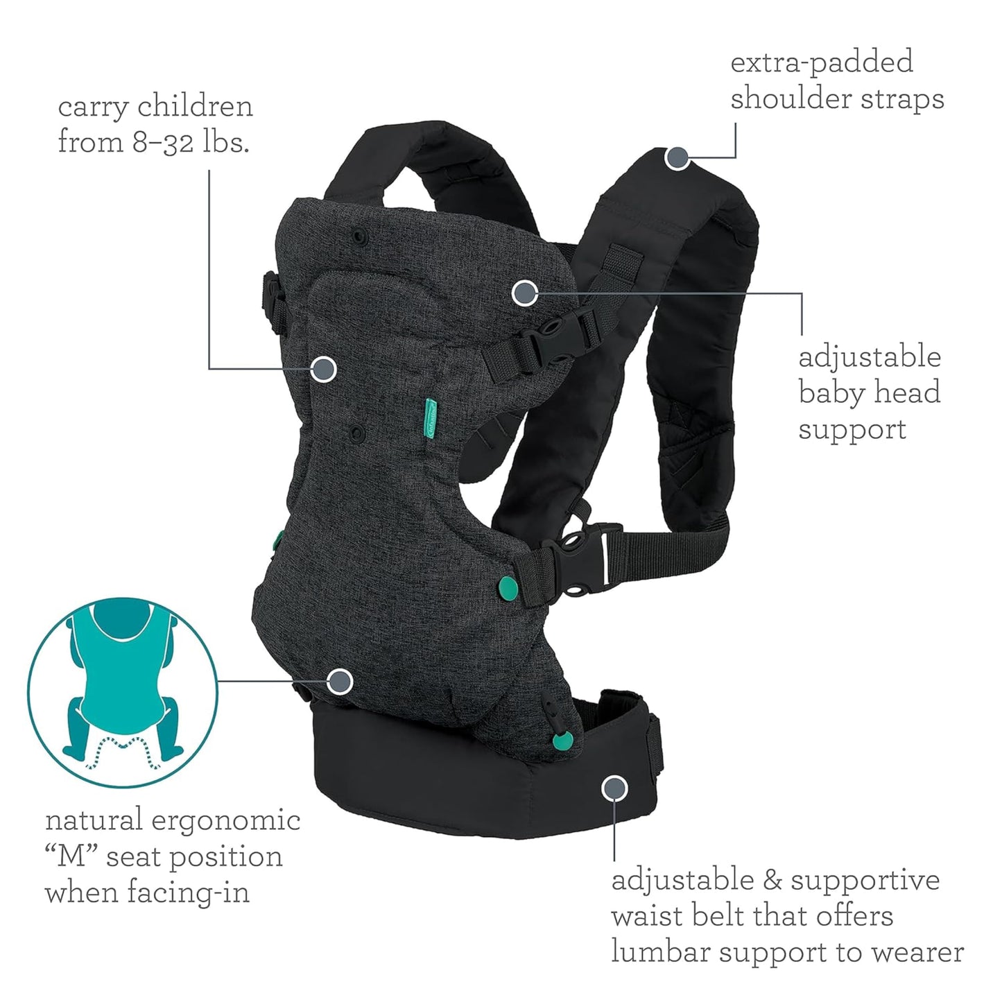 Infantino Flip Advanced 4-in-1 Baby Carrier - Ergonomic, Convertible, Face-in and Face-Out Front and Back Baby Carrier for Newborn to Toddler 3,6-14,5kg, Black