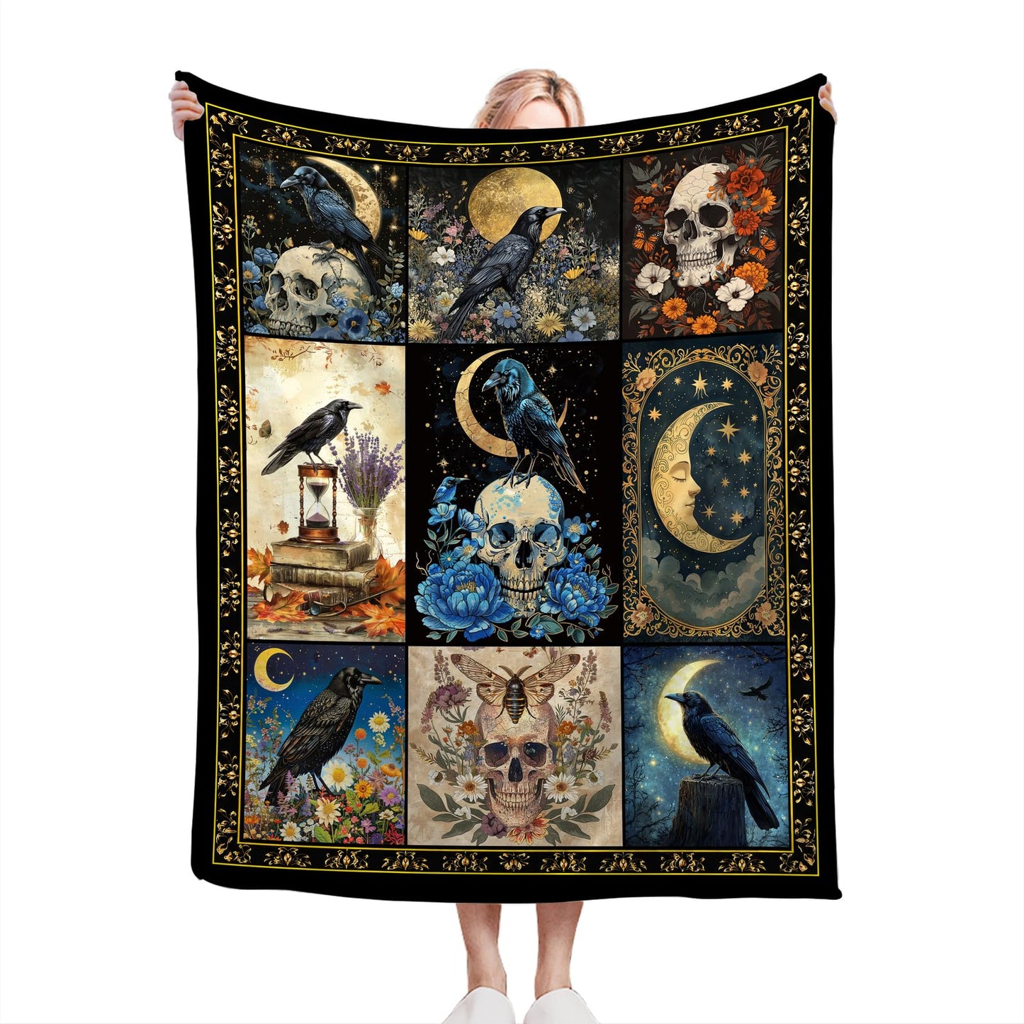 Gothic Raven Blanket Soft Fuzzy Fleece Skull Moon Crow Throw Blankets Decor Cozy Warm Plush Flannel Dark Floral Blanket Gifts for Girls Women Kids Adults Home Decor Stuff Sofa Couch Bed 50"X40"