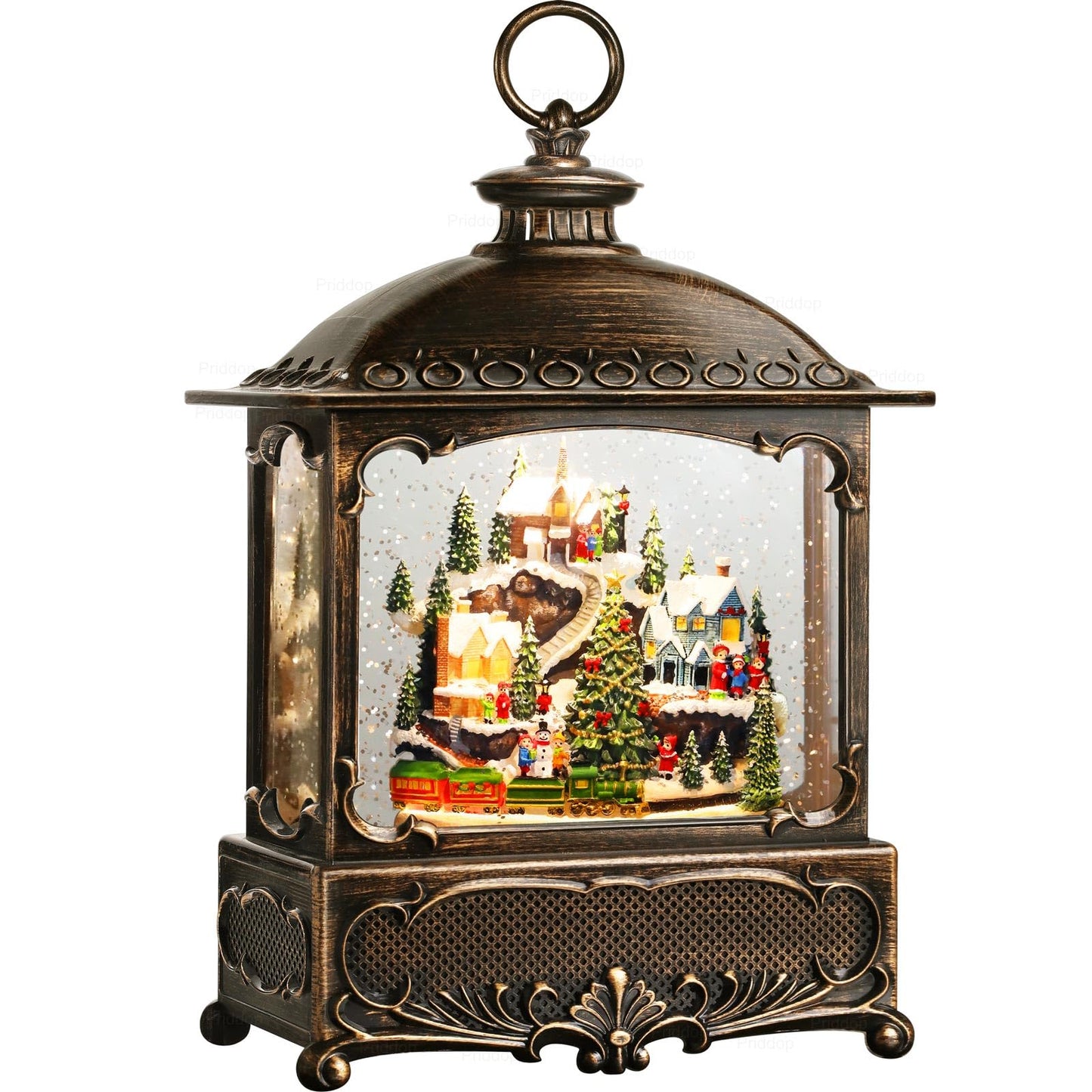 Priddop Christmas Snow Globe Lantern Christmas Decorations Gifts Snowy Village Scene Snowman Church Cabin Train Musical Glitter Snowfall USB/Battery Timer 12 inch