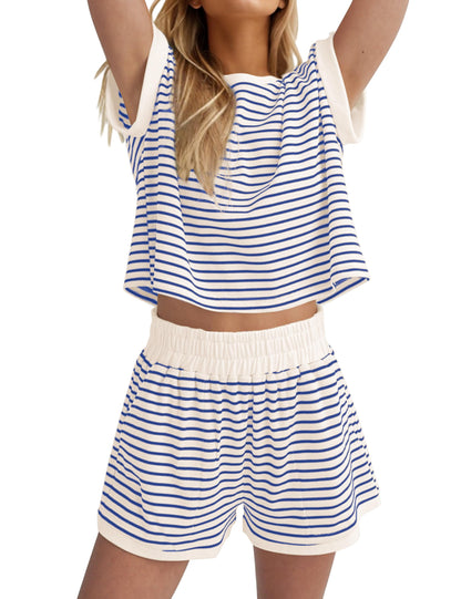 MISSACTIVER 2 Piece Lounge Set Women Stripe Knit Short Sleeve Tee Shirts Shorts Casual Summer Loungewear Shorts Sets