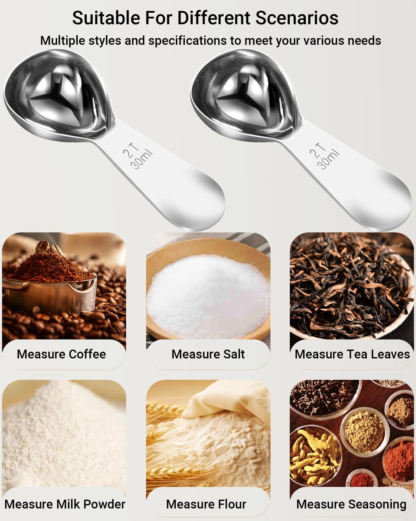 Coffee Scoop 30ml 2PCS, 2 Tablespoon Measuring Spoons, Ergonomics Design Coffee Scooper Stainless Steel Manufacture，Coffee Scoop for Ground Coffee Protein Powder Sugar Cereal (Silver, 2 tbsp-30ml)