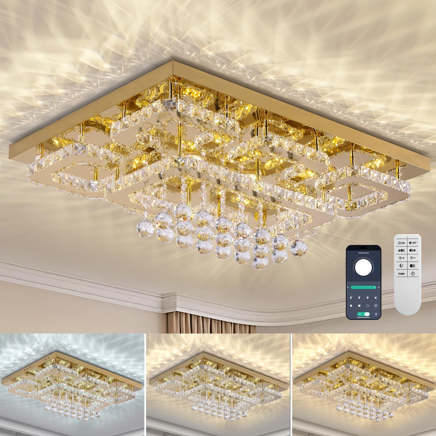 KINGTORO 32" Gold Crystal Flush Mount Chandelier with Remote/App Control, Modern LED Ceiling Light with 3CCT Dimmable, Elegant Chandeliers for Bedroom Living Room Dinning Room Hallway Kitchen