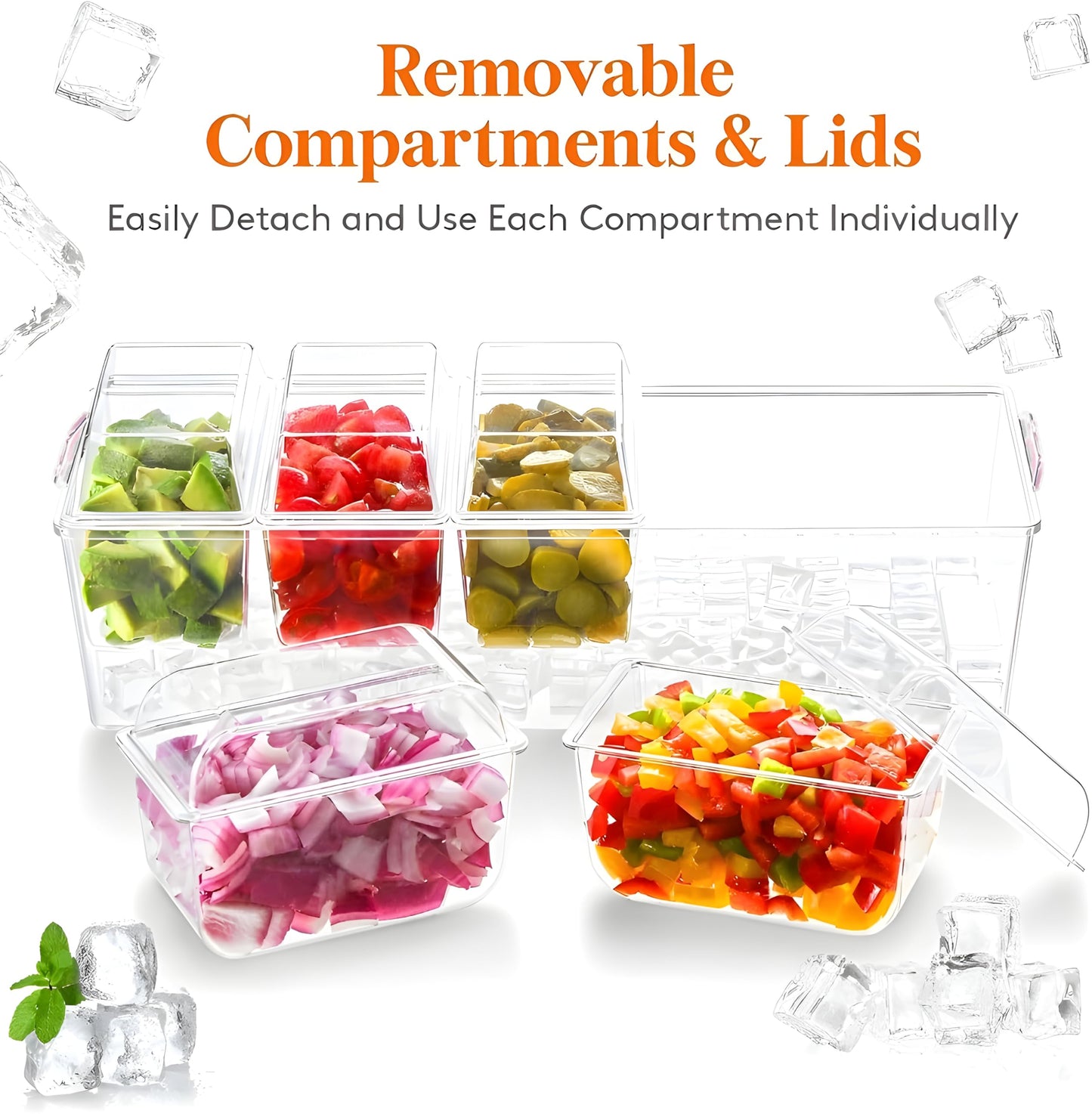 BLIVORRA 𝐋𝐚𝐫𝐠𝐞 Ice Chilled Condiment Containers with Lids with 5x 20oz (2.5 cup) Containers, Large Taco Bar Serving Set for a Party, Condiment Organizer with Removable Dishes│FREE ACCESSORIES│