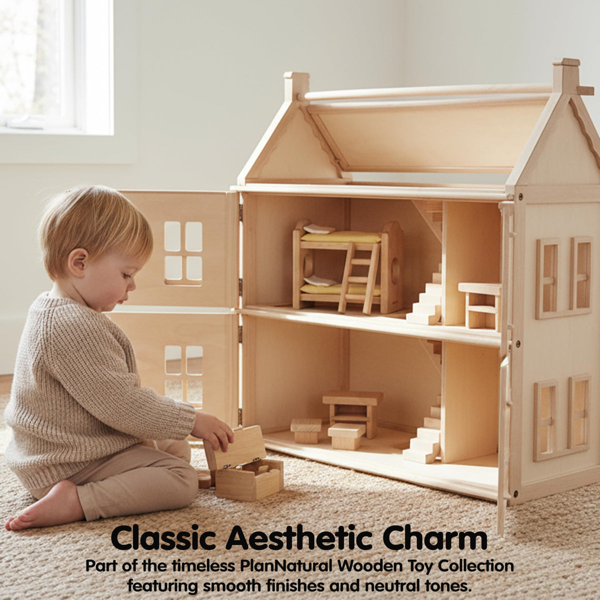 PlanToys® Wooden Children’s Room Classic Set for Montessori Small World Play | Creative Role Play and Social Interaction | Eco Friendly Wooden Dollhouse Bedroom Furniture for Imaginative Play