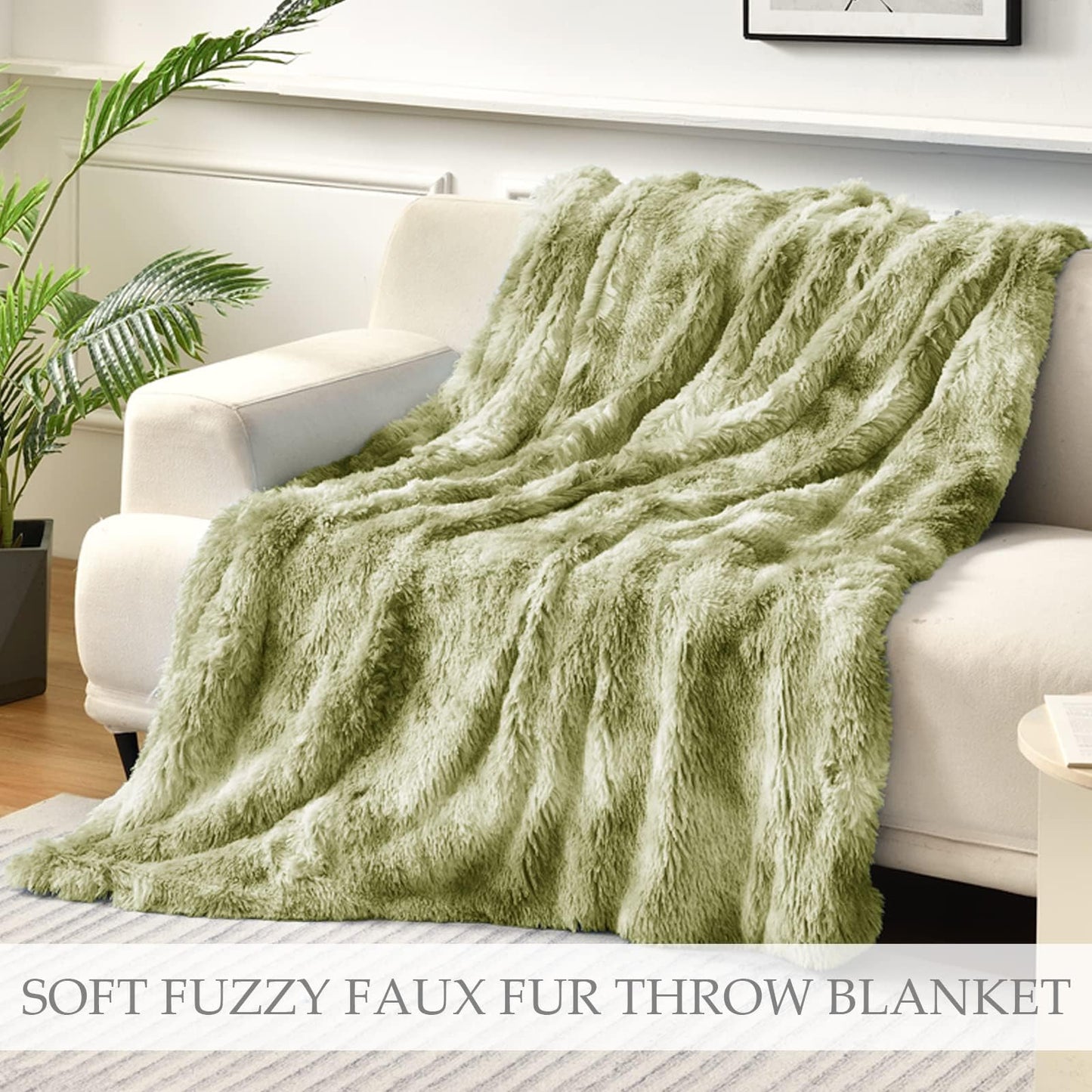 Exclusivo Mezcla Fuzzy Faux Fur Throw Blanket, Reversible Shaggy Sherpa Fleece Tie Dyed Blankets, Fluffy Plush Warm Throws for Couch, Bed, 50x60 Inches, Olive Green