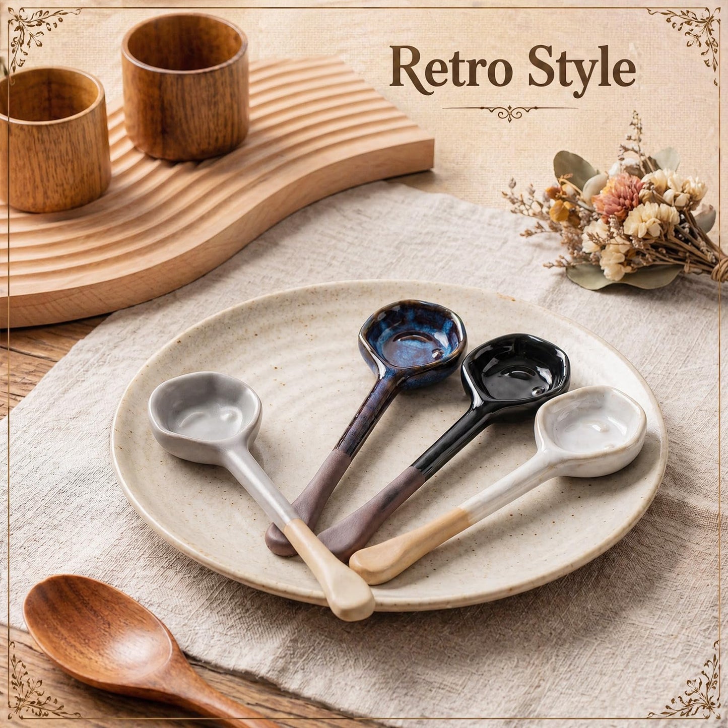 Ferrochef 4 Pack Ceramic Spoon Coffee Soup Whisk Handmade Tea Japanese Spoon Long-handle Vintage Coffee Tea Scoop for Loose Sugar and Spice Dessert (Vintage)
