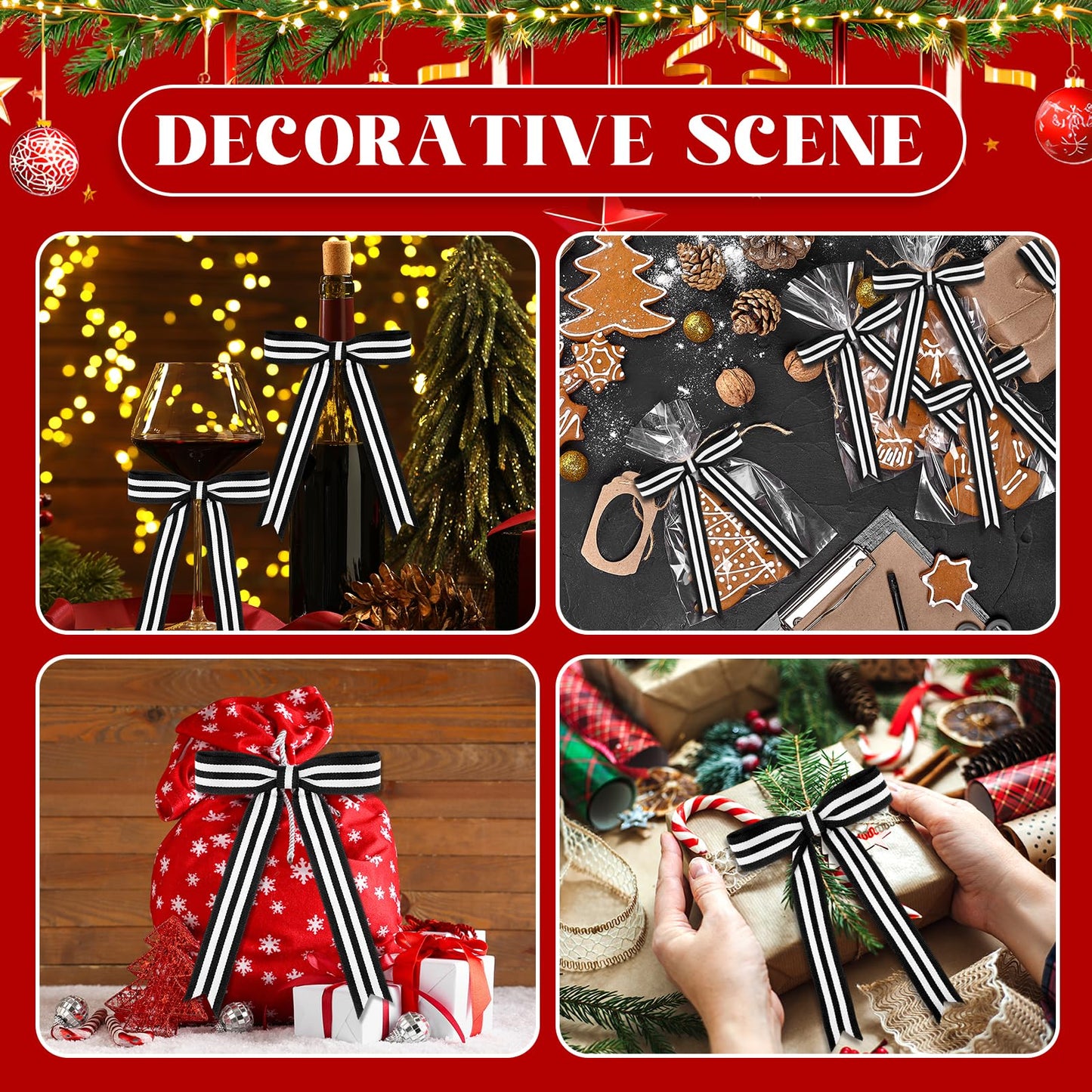 Riceshoot 24 Pcs 5x7 Black White Stripe Twist Tie Bows for Christmas Tree Memorial Gift Wrapping Bag Xmas Decoration Ribbon for Gothic Spooky Holiday Birthday Party Wreath DIY Craft (1 Inch Wide)