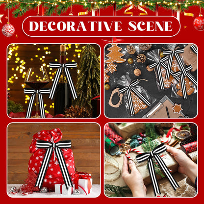 Riceshoot 24 Pcs 5x7 Black White Stripe Twist Tie Bows for Christmas Tree Memorial Gift Wrapping Bag Xmas Decoration Ribbon for Gothic Spooky Holiday Birthday Party Wreath DIY Craft (1 Inch Wide)