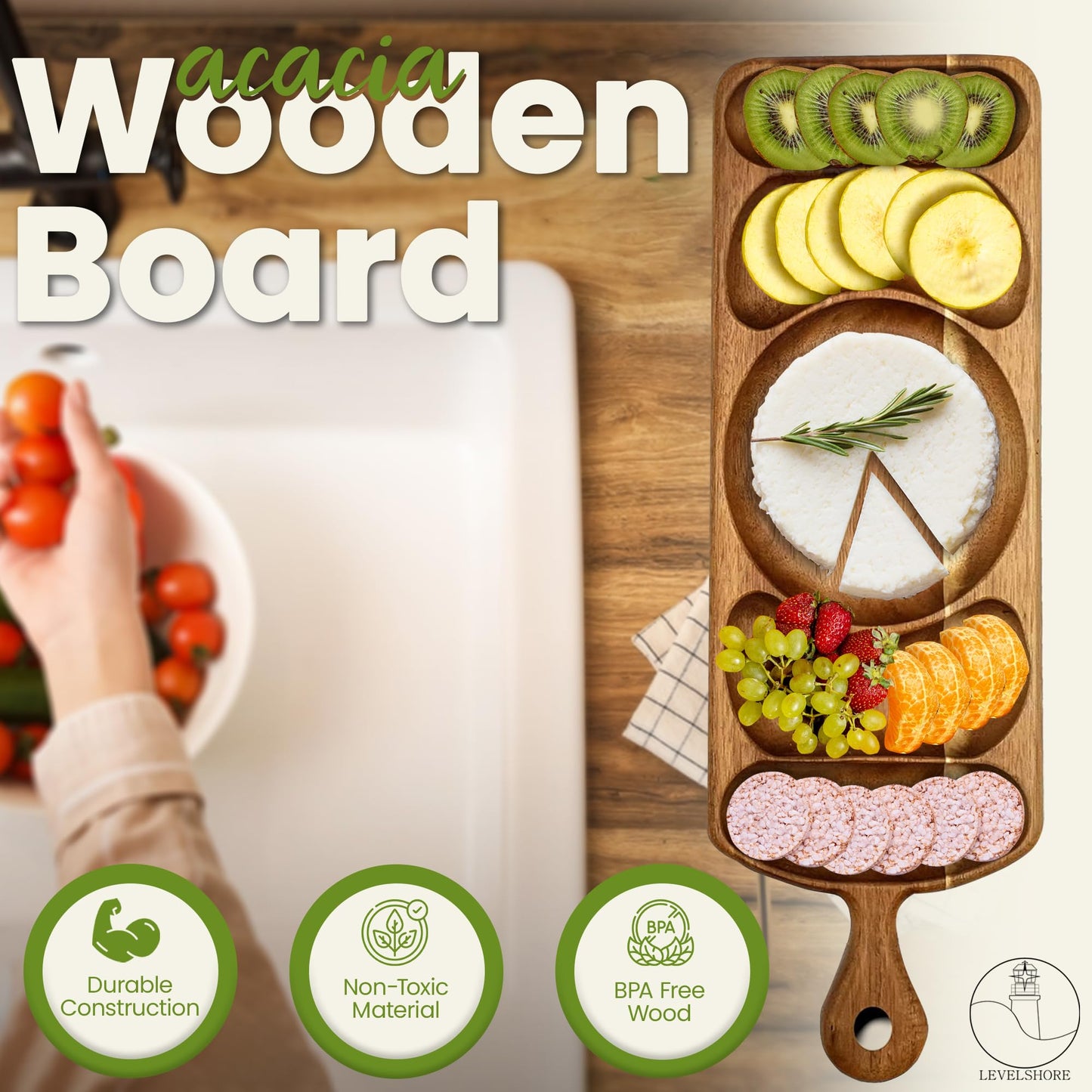 Reversible Acacia Wood Serving Platter with Handle – Premium Wooden Tray for Charcuterie, Crackers, Cheese, Fruit, Veggies, Appetizers & Snacks – Party Serving Tray & Travel Charcuterie Board