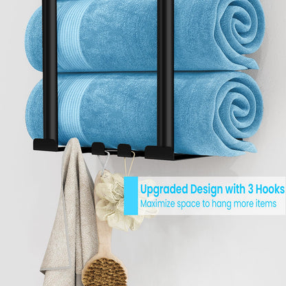 STWWO Bathroom Towel Storage Rack, Metal Towel Racks Wall Mounted Can Holds 5 Large Towels, 30.5IN Bathroom Towel Holder with Shelf & Storage Basket, Towel Organizer with 3 Hooks for RV, Apt, Black