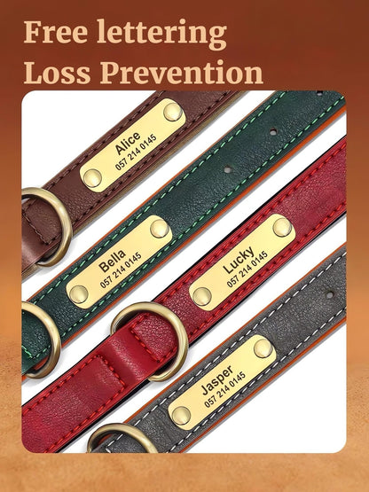 SEOUGEE Genuine Leather Dog Collar Personalised, Soft Padded Leather Dog Collars Heavy Duty with Custom Engraved Name Plate Adjustable for Small Medium Large Dogs (L, Green 35-45cm)