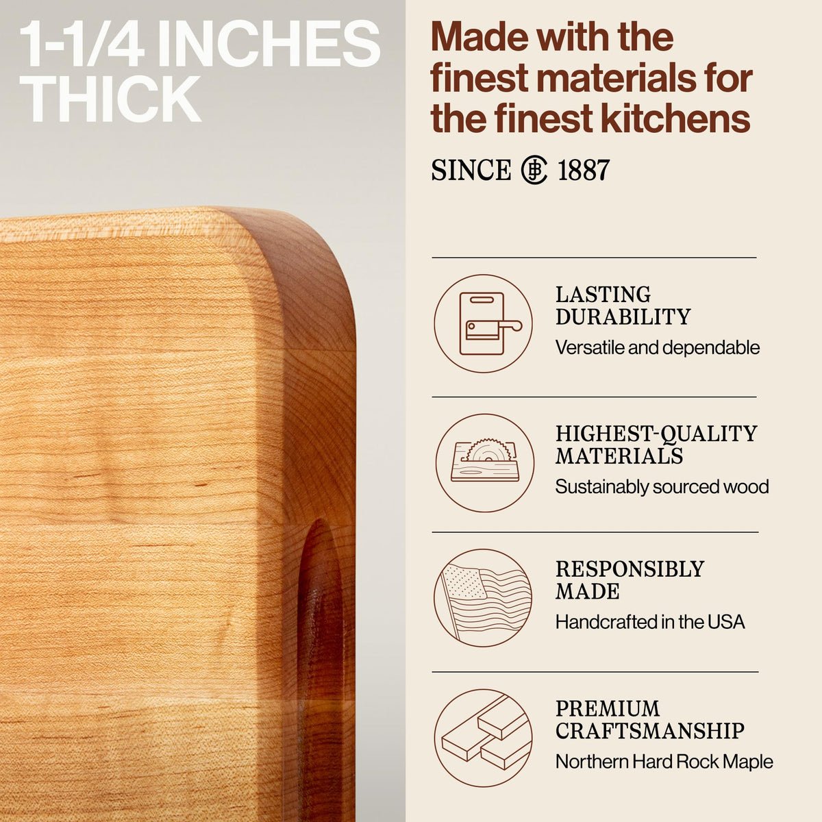 John Boos Chop-N-Slice Series Rectangular Wooden Maple Cutting Board 18”x12” – 1.25” Thick, 8-lb Reversible Butcher Block with Eased Corners, Edge-Grain & Finger Grips – Made in the USA