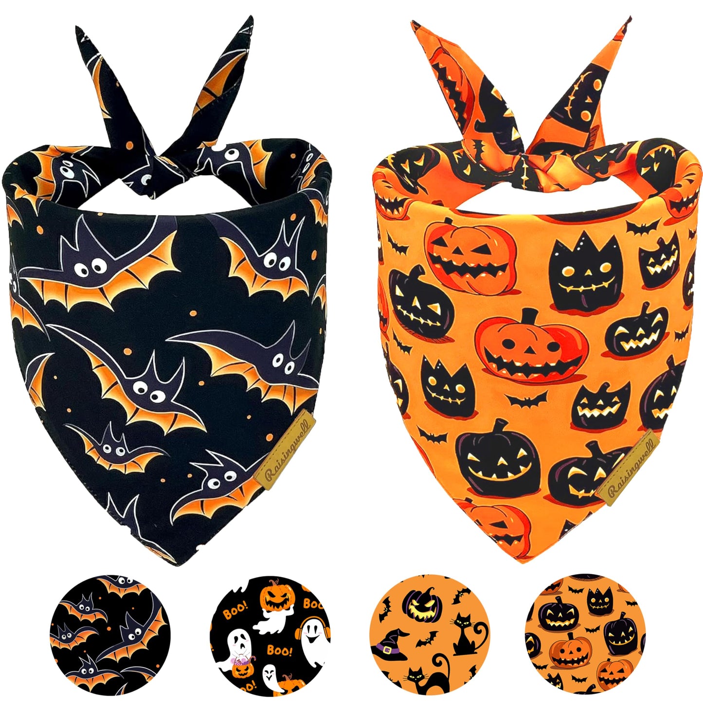 Raisingwell Halloween Dog Bandanas - 2 Pack Bat & Pumpkin Pattern Dog Bibs - Reversible, Washable & Durable - Suitable for Small to X-Large Breeds - Unisex