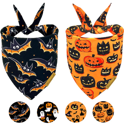 Raisingwell Halloween Dog Bandanas - 2 Pack Bat & Pumpkin Pattern Dog Bibs - Reversible, Washable & Durable - Suitable for Small to X-Large Breeds - Unisex
