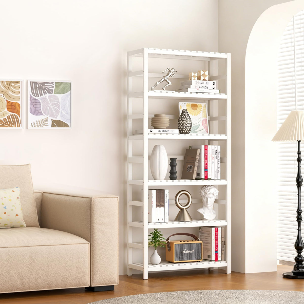 VASMIA 6-Tier Bamboo Shelf,Bamboo Storage Shelving Unit,Tall Bookcase with Adjustable Shelves,Multipurpose Storage Display Shelf for Bathroom, Living Room, Balcony, Kitchen,White