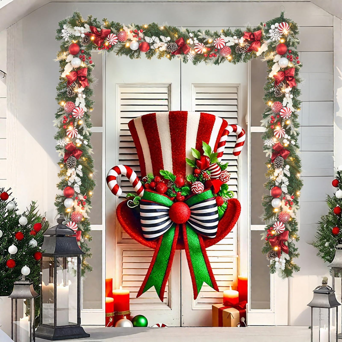 prelit 6ft Christmas Garland with 25 LED Lights with Timer, prelit red White Garland with Plenty Hand-Painted Ornaments,Festive Lighted Winter Decor for Front Door, Mantel, Stair & Fireplace