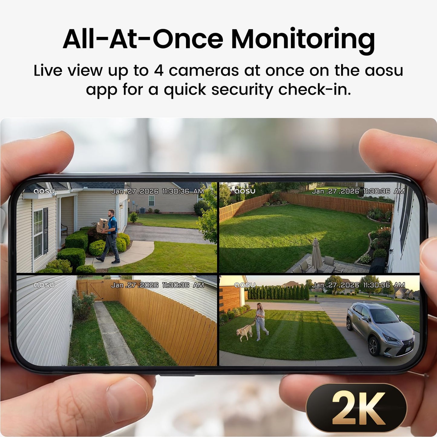 aosu Solar Security Cameras Wireless Outdoor, 2K HD Home Security Camera System, PIR + AI Human Detection, Color Night Vision, Easy to Set Up, Local Storage, No Subscription Required, 4-Cam Kit