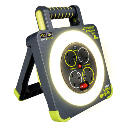 Masterplug WLU05134SL-PX Pro-XT Four Socket LED Work Light Extension Reel with Fold Out Stand, Thermal Cut Out and Power Switch, 5 metre High Visibility Cable, 13 Amp, Grey, 28.35 cm*9.1 cm*22.0 cm