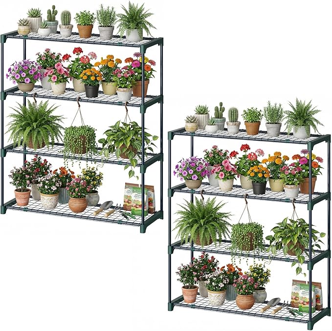 Ohuhu Plant Greenhouse Shelves 4 Tier 2 Pack Extra-Wide Stable Green House Shelving for Outdoor, 35x12x42 Inch Portable Rustproof Metal Shelf Plant Stand Rack Greenhouse Accessories