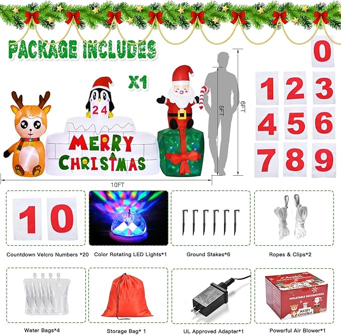 10 Ft Christmas Inflatables Outdoor Decorations Countdown Xmas Blow Up Yard Decorations, Reindeer Santa Inflatables Built-in Rotating Colorful LED Lights Xmas Holiday Party Lawn Decor