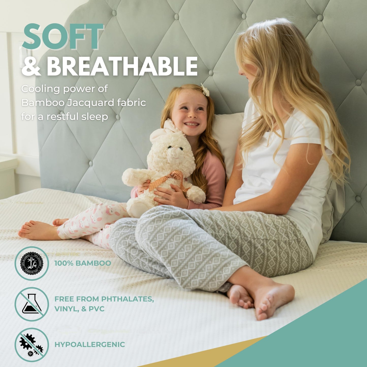 Queen Size 60x80” Premium Bamboo Waterproof Mattress Protector, 100% Viscose from Bamboo, Hypoallergenic, Cooling Mattress Pad Cover, Soft & Breathable Fitted Sheet Style up to 18" Deep - Rest Line