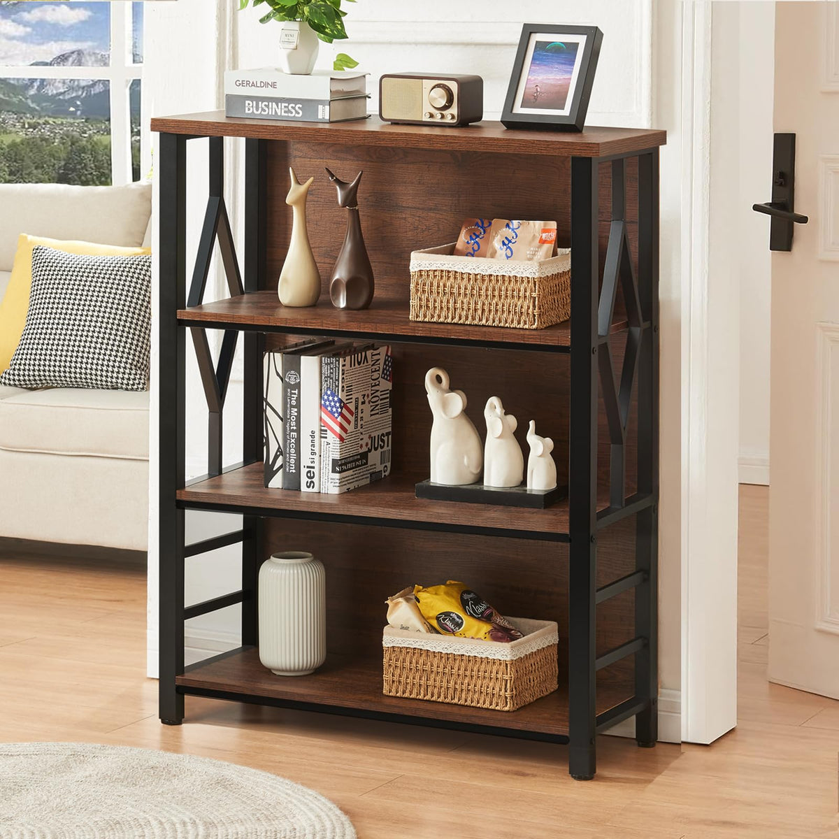 HOMISSUE Bookshelf, 4-Tier Rustic Short Bookshelf, Industrial Shelf Bookcase with Engineered Wood Shelves, Low Bookcase with Storage, Small Shelf for Living Room, Bedroom and Office, Rustic Brown