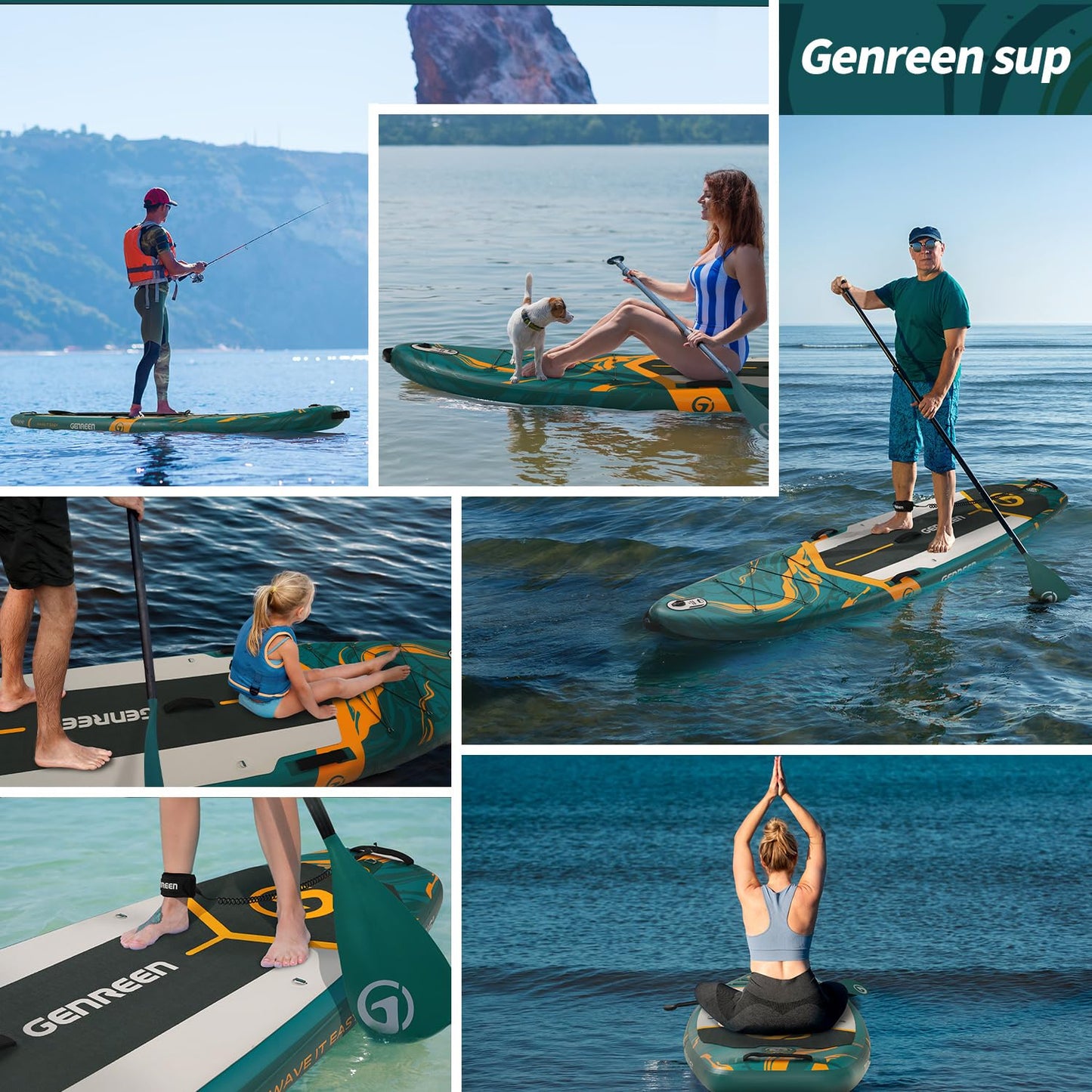 Genreen Paddle Board Stand Up Paddle Board Inflatable SUP 11'34"6" with 5 Grips 3 Fins EVA 0.5cm Ultra Stable Wide 450lbs Capacity for Water Sports Yoga Fishing Jungle Green with Bright Green Edge