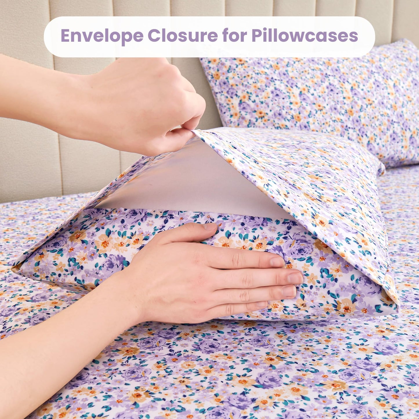 Mooreeke Floral Twin 3 Pieces Bed Sheets, Soft Microfiber Bedding Sheets & Pillowcases, Deep Pocket Non-Slip Vintage Twin Sheet, Purple Yellow Flower Pattern Bedsheets