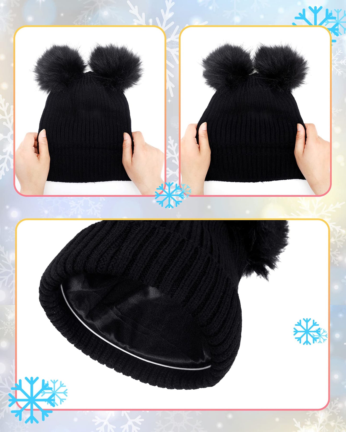 SATINIOR 2 Pieces Satin Lined Winter Hats Women Knitted Pompom Beanies Hat Touchscreen Gloves Set for Women(Black)