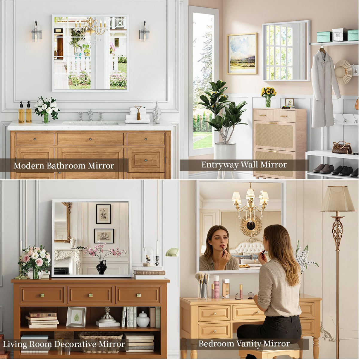 Syndra Square White Wood Frame Bathroom Mirror, 32''x32'' Modern Vanity Mirror for Wall, Waterproof Slim Deep Frame, HD Tempered Glass Mirror for Living Room, Bedroom, Entryway, Rustic, Farmhouse