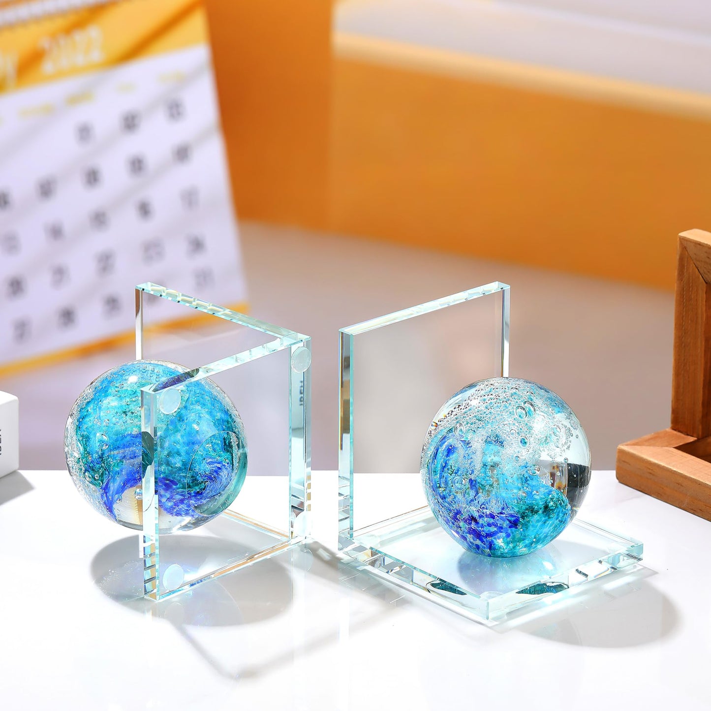 Book Ends for Shelves, Glass Bookends with Deep Ocean Blue Crystal Hand Blown Sea Wave Ball, Non Skid Sturdy Glass Decorative Bookends for Ocean Lovers, Heavy Books, Office, Set of 2