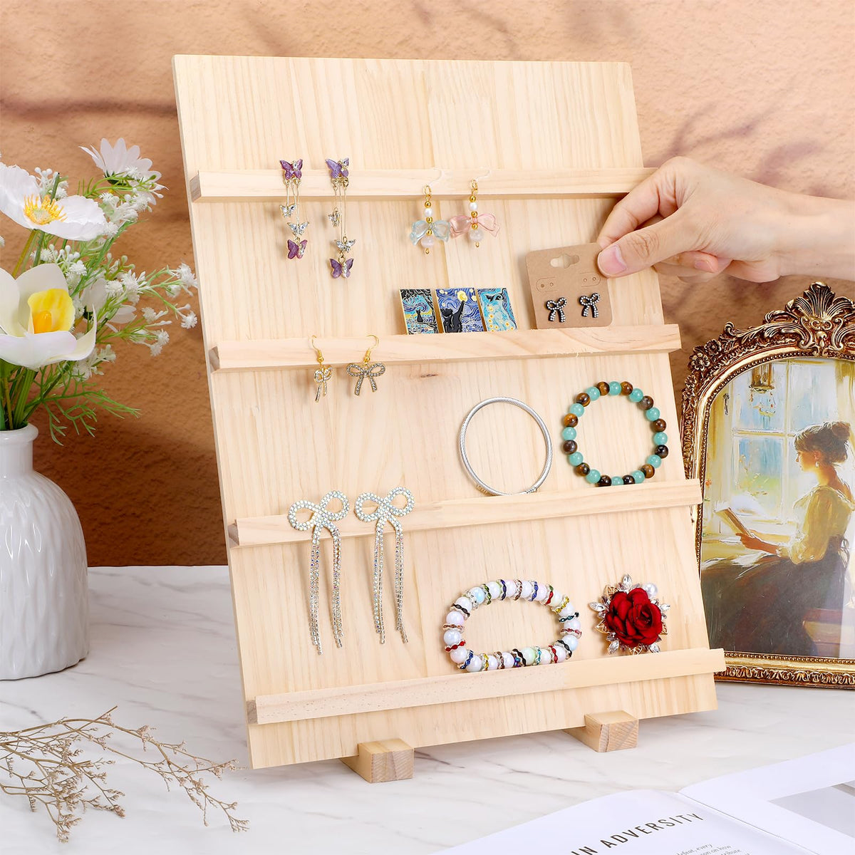 Leooomap 2-Pack 4-Tier Wooden Earring Display Stand, Rustic Earring Display Card Holder with Slots for Jewelry Storage, Craft Shows, and Retail Storefront
