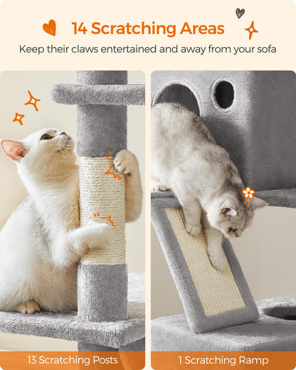 FEANDREA Cat Tree, 206 cm Large Cat Tower with 13 Scratching Posts, 1 Scratching Ramp, 2 Perches, 2 Caves, Basket, Hammock, Pompoms, Multi-Level Plush Cat Condo for Indoor Cats, Light Grey