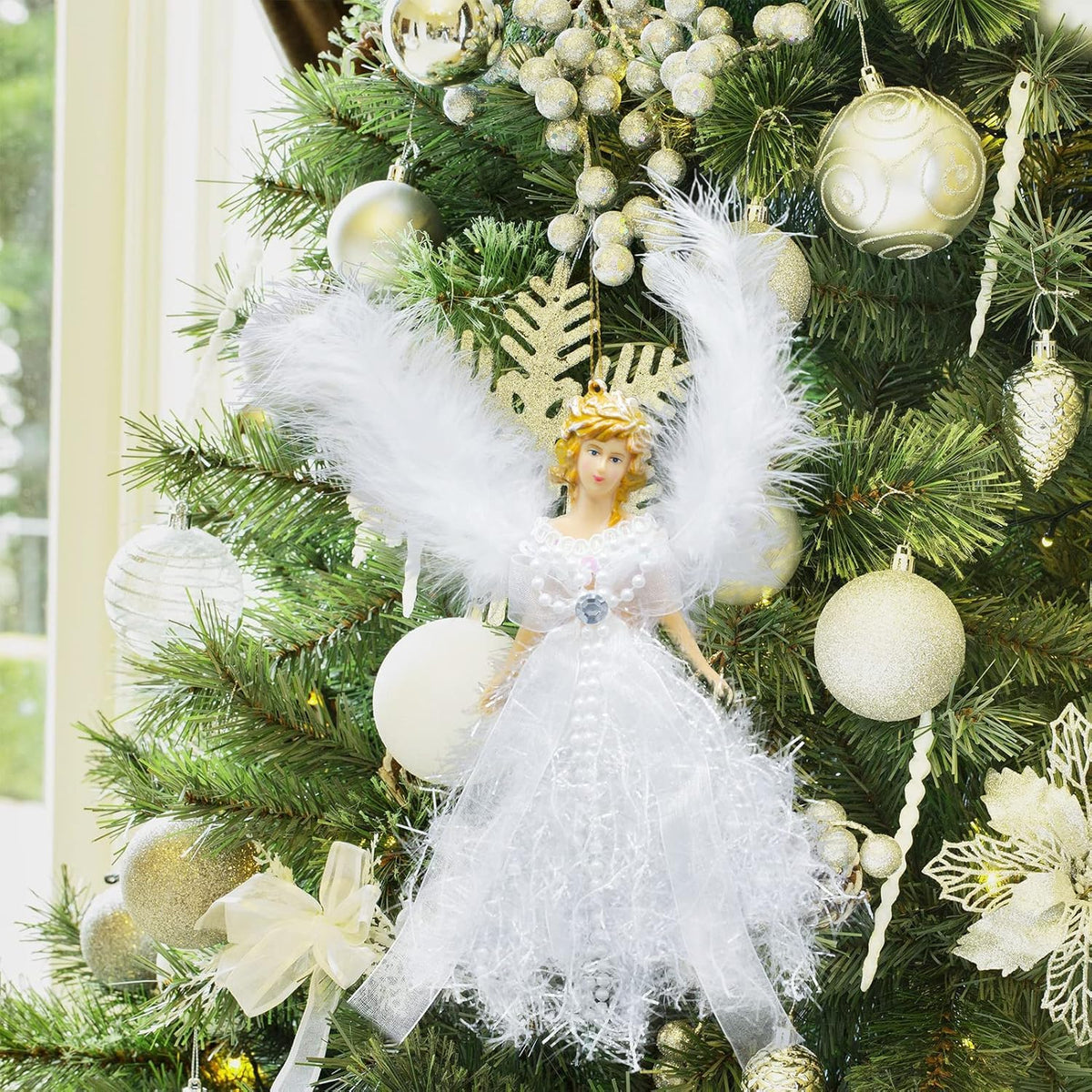 ONTODEX White Victorian Sparkle Feather Angel Christmas Tree Decoration Hanging Pendant Holiday Birthday Party Ornaments - 1 Piece