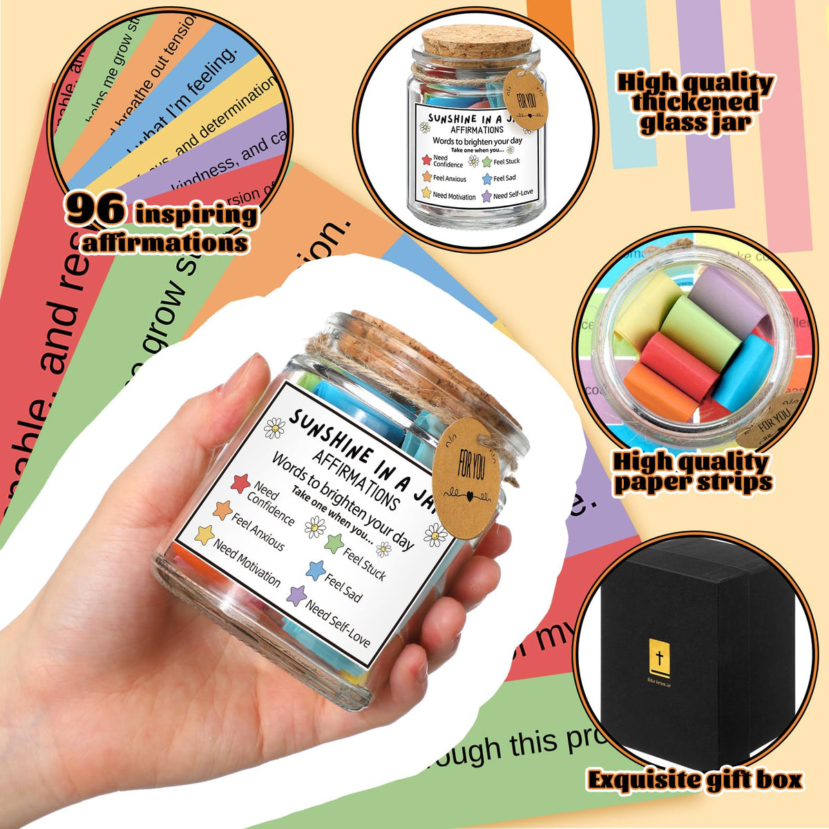 Sunshine in Glass Jar Positive Affirmations Jar for Sending You Sunshine Daily Uplifting Affirmations for Self Care and Positive Vibes Christian Gift for Friends Women Teachers Mother's Day