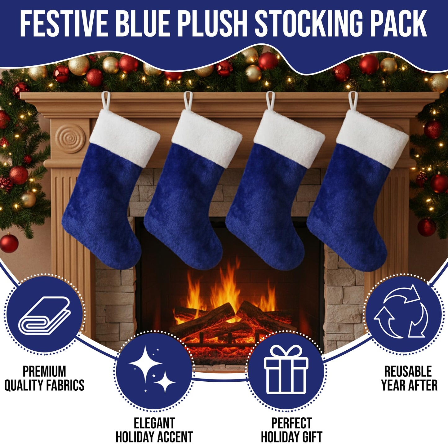 Iconikal 4-Pack Blue Plush Fabric Christmas Stocking, 18-inches Tall, Festive Decor