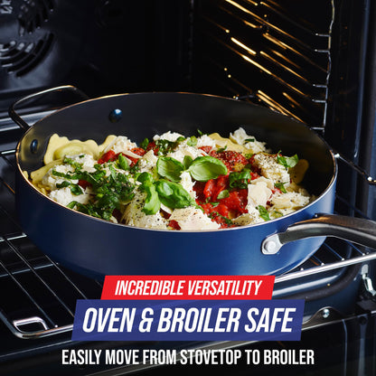 Blue Diamond 5QT Saute Pan with Lid, Non Toxic PFAS-Free Diamond Ceramic Nonstick, Dishwasher & Oven Safe, Metal Utensil Safe, Deep Jumbo Cooker Skillet with Helper Handle, Glass Lid, Blue