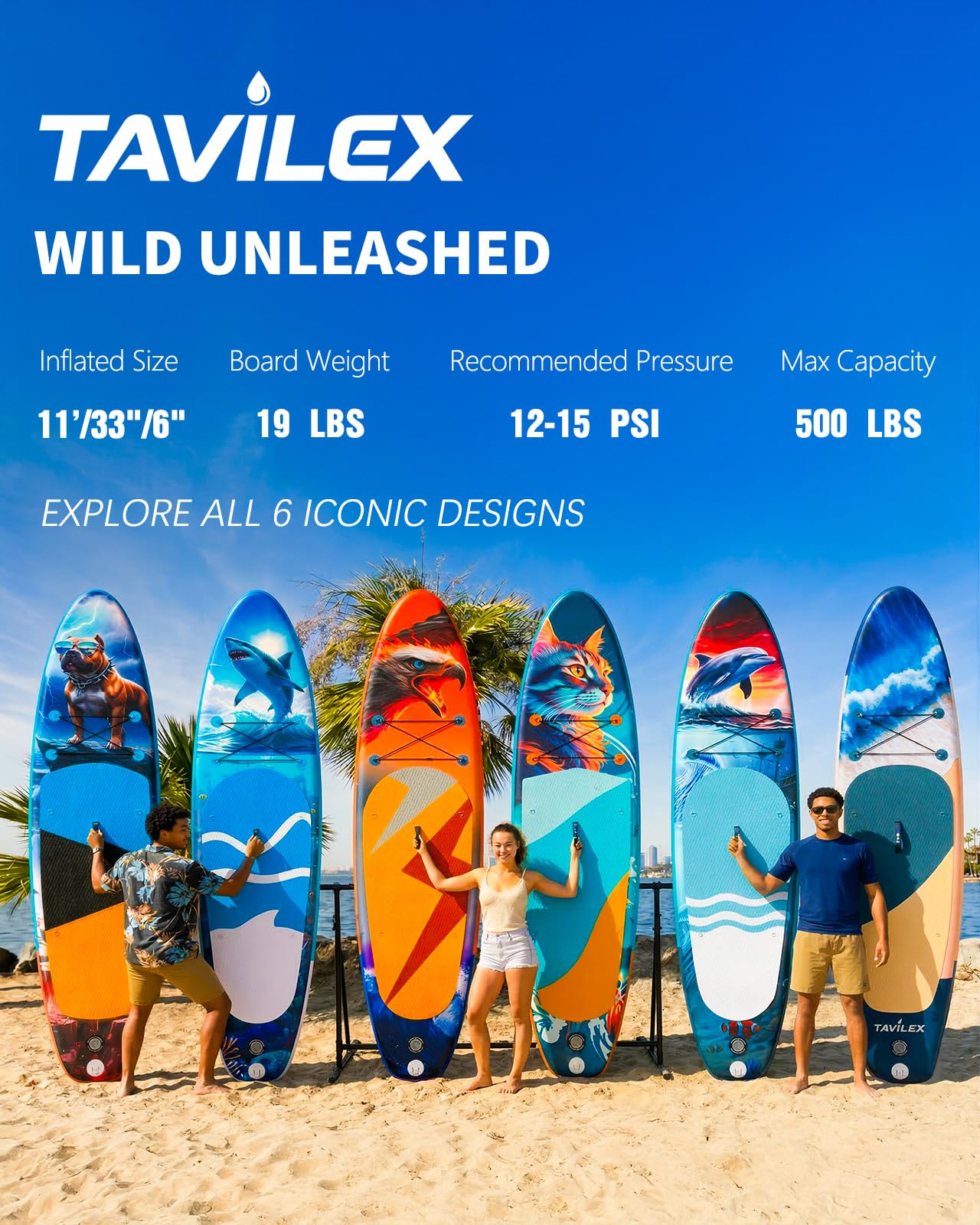 Tavilex Inflatable Stand Up Paddle Board with Seat, 11' x 33" x 6" Ultra-Wide 2-in-1 SUP Board for Adults & Youth, Stable Blow Up Paddleboard Kit with Dual-Blade Paddle (Shark Power)