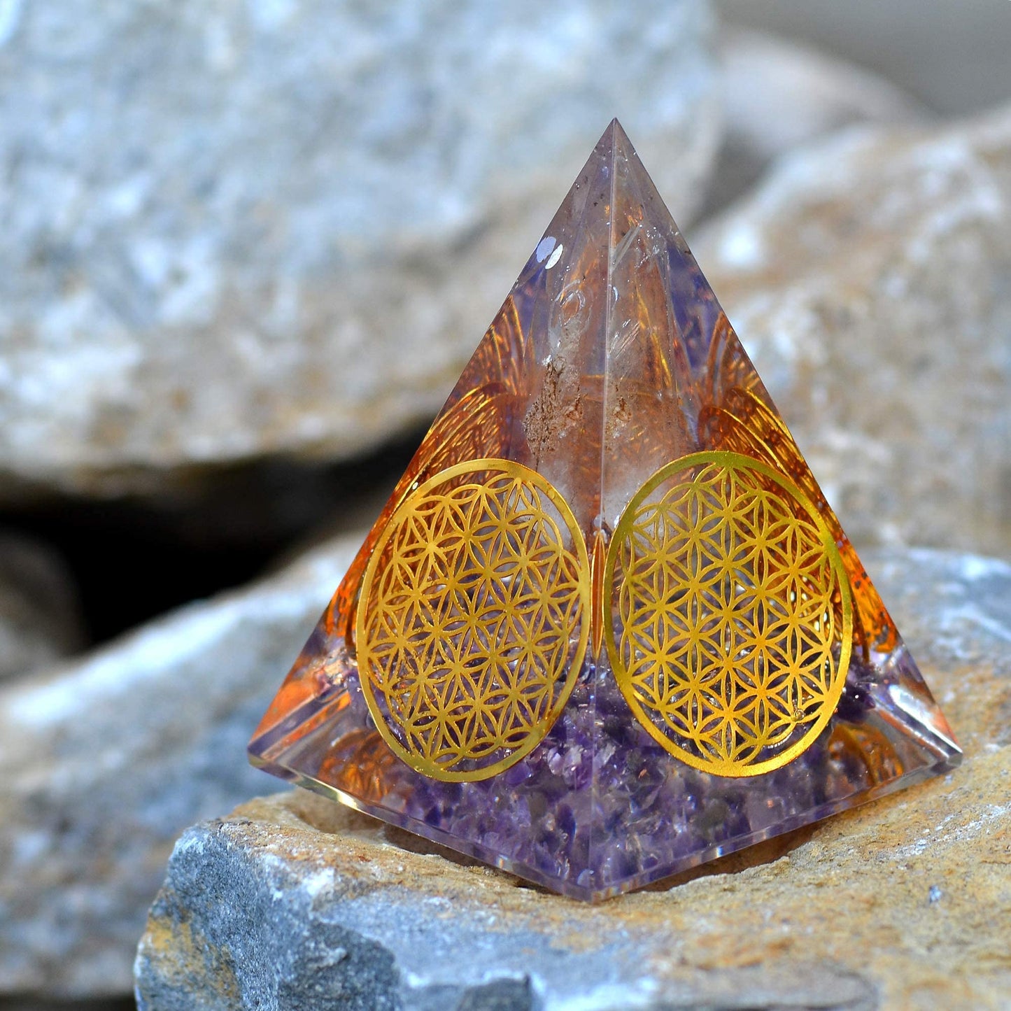 Orgonite Crystal Handmade Amethyst Pyramid with Flower of Life Symbol – Resin Decor for Meditation, Yoga, Chakra Balancing, Spiritual Gift, Desk or Home Display