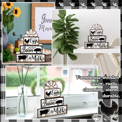 Jetec 4 Pcs Farmhouse Kitchen Decor Wooden Tiered Tray Decor Cow Rooster Pig Rustic Bathroom Signs Decorative Faux Stacked Table Centerpiece Block Sign for Home Living Kitchen Dining Room Shelf