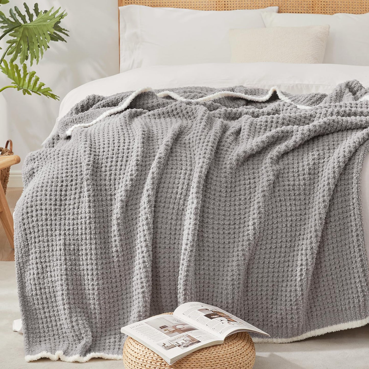 Snuggle Sac Ultra Soft Waffle Throw Blanket for Couch Bed Sofa 50x60 inches, Reversible Grey Blanket Microfiber Fluffy Fuzzy Cozy Knit Throws for Women Mothers Birthday Gifts